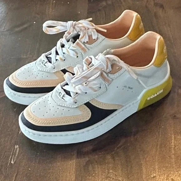 Coach Citysole Court Low Top Leather Suede Sneakers White Yellow Black Shoes 6.5 - Picture 2 of 10